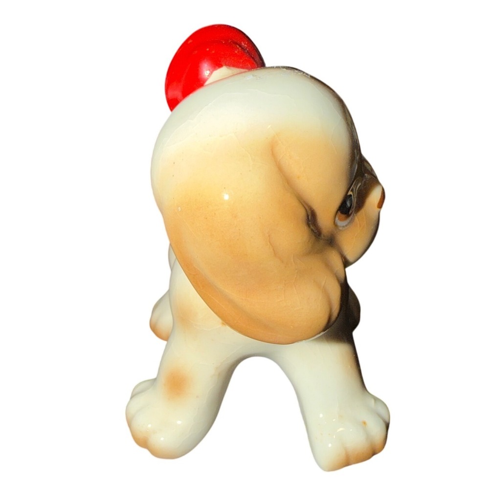 Japan Ceramic Puppy Figurine Small White Tan Red Bow Vintage Kitsch Decor - Picture 3 of 6